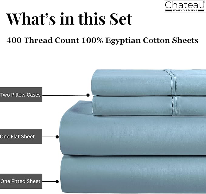 100% Egyptian Cotton Sheets For Queen Size Bed, Certified 400 Tc Deep Pocket Queen Sheet Set, 4 Piece Elasticated Sheet & Pillowcase Sets, No Pill Soft Comfy Naturally Cool & Breathable- French Blue