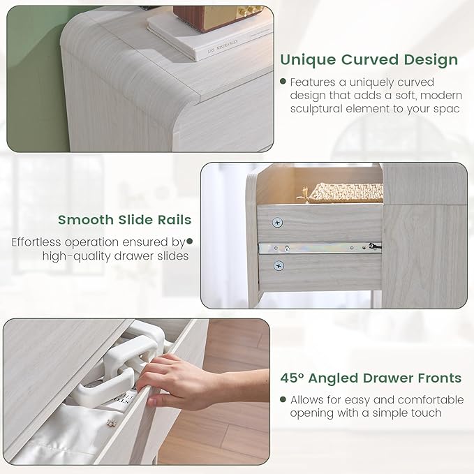 White Dressers of 9 Drawers, Chest Dresser with Deep Drawers, Modern Dresser Closet for Bedroom, Curved Drawer with Large Storage, 57’’ Wide.