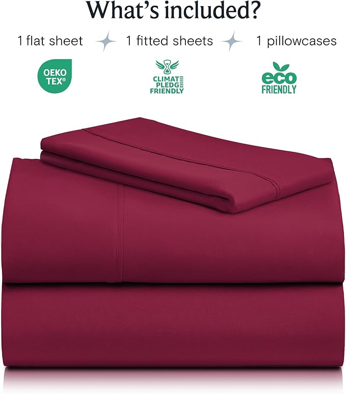 LuxClub 3 PC Twin XL Sheet Set, Deep Pockets Wrinkle Free Cooling Bed Sheets Hotel Bedding for Women, Men, Kids & Teens, Includes 1 Fitted Sheet, 1 Flat Sheet and 1 Pillowcase-Silky Soft Burgundy