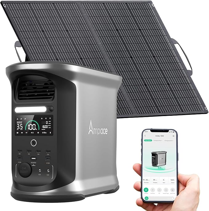 AMPACE Andes 1500 Portable Power Station with 100w Solar Panels 2400W(Surge 3600W), 1462Wh Solar Generator, LiFePO4 Battery, APP Control, Emergency Power for Home Backup, Camping, RV, Emergency