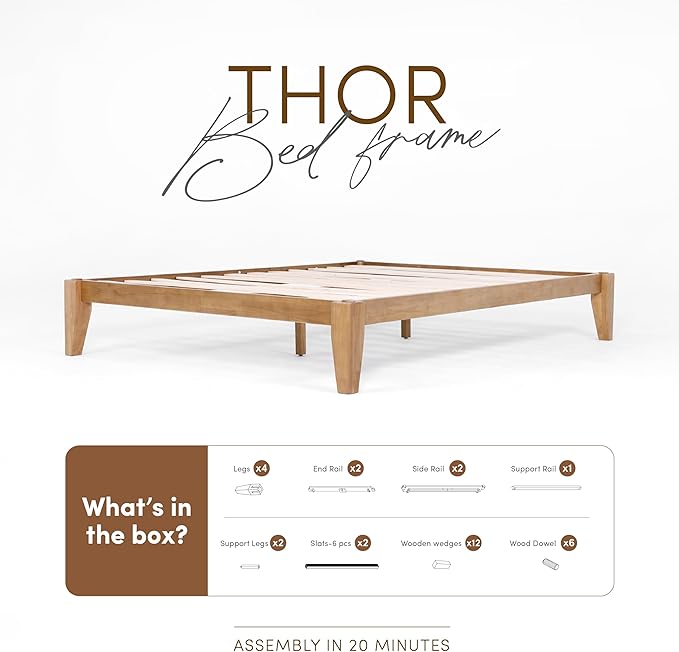 Thor Premium Solid Wood Bed Frame King, Platform Bed, Japanese Joinery Bed Frame, Wood Slat Support, No Box Spring Needed, Easy Assembly, Minimalist & Modern Style (Light Brown)