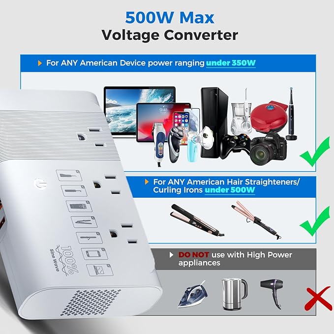 [Game-Changer] DOACE 500W Max 220V to 110V Converter, 50Hz to 60Hz Voltage Converter for European Travel, 100% Pure Sine Wave Voltage Converter US to Europe for CPAP Hair Straightener Laptop Phone