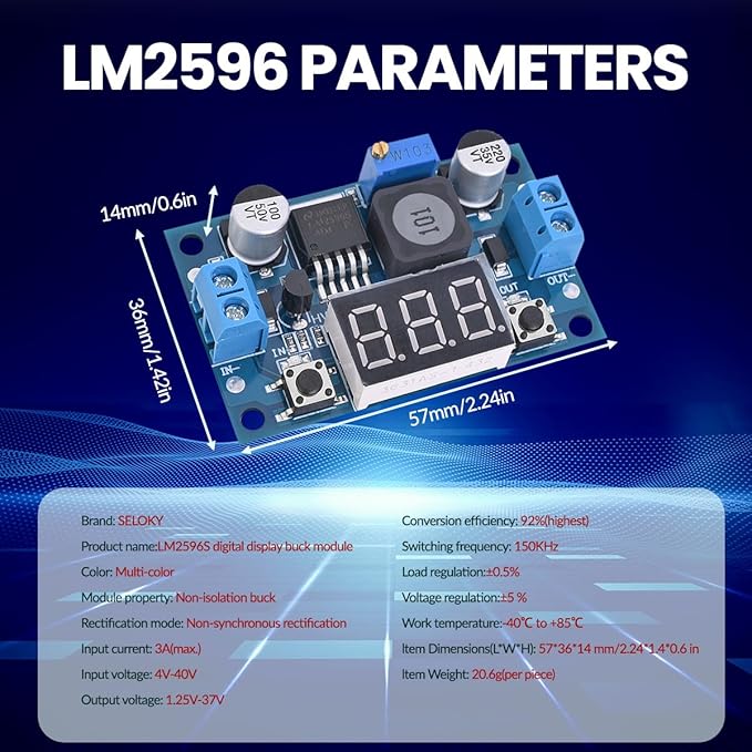 Seloky LM2596 Adjustable DC-DC Step-Down Buck Converter Module with LED Voltmeter Display, Voltage Regulator 4.0-40V Input to 1.25-37V Output Power Supply Module