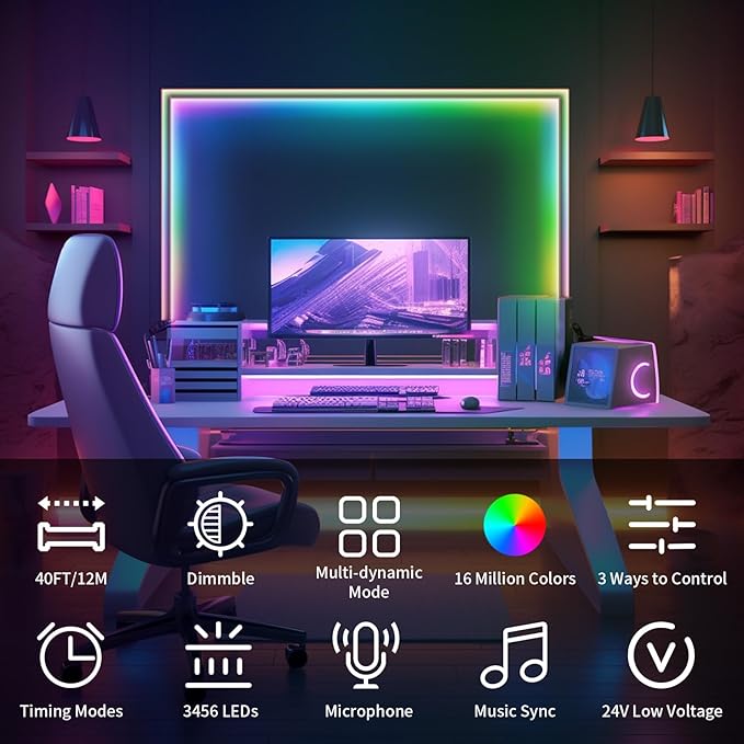 BUNACET 40ft COB RGB+IC LED Strip Lights, Bright Dream Color COB LED Light Strip with RF Remote App Control Music Sync Color Changing for Game Room Bedroom Kitchen Lighting Home Decor（2 Rolls）