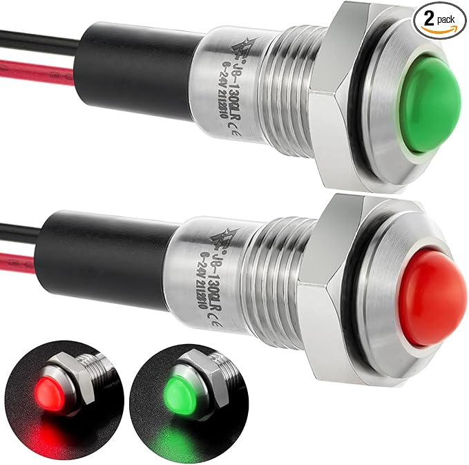ZGSZJHF UL Listed Mini Indicator Light 8mm 0.31" Waterproof Domed Metal Stainless Steel Signal Lamp 12V-24V DC/AC Red and Green LED Light with 140mm Wire