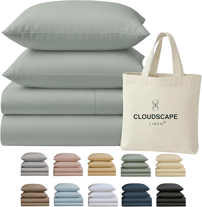 Cloud Scape Linen 100% Egyptian Cotton California King Sheet Set, 400 Thread Count,4 Pieces Luxury Bedding Set, Hotel Quality, Silky Soft, Breathable and Durable, Deep Pockets up to 17, Mineral