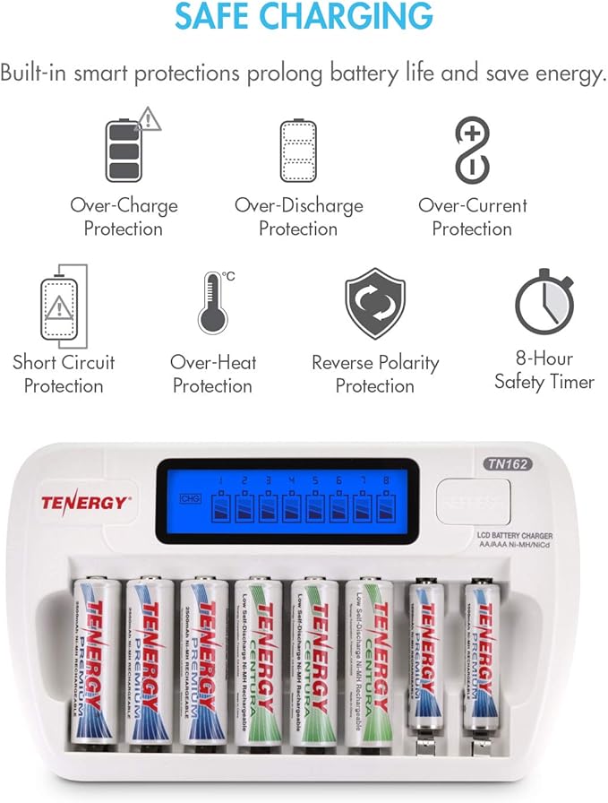 Tenergy AA/AAA Rechargeable Battery and Charger Combo TN162 - 8-Bay Smart LCD NiMH/NiCd Charger With 8 AA & 8 AAA Batteries