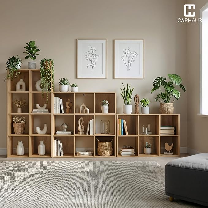 CAPHAUS Sturdy Room 11-Inch Cube Storage Organizer Shelf, with Thick Exterior Edge, Storage Shelf Divider w/Back, Bookcase, 9-Cube, Natural Oak