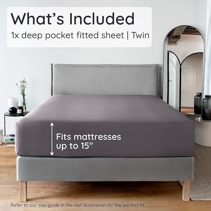 Bambaw 100% Viscose Derived from Bamboo Fitted Sheet Twin Size, 15’’ Deep Pocket, Twin Fitted Sheet Cooling with Corner Straps (Dark Gray)