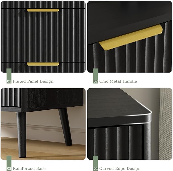 LYNSOM Fluted Dresser and Nightstand Sets 3 Piece, 5-Drawers Dresser and 1-Drawer Nightstands Set of 2, Wood Bedroom Furniture Set for Home, Bedroom, Hallway, Black