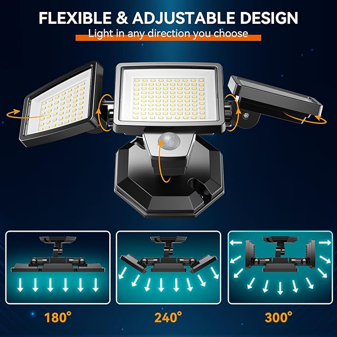 PURICH LED Security Lights Motion Sensor Outdoor Lights, 5000K Daylight, IP65 Waterproof, Dusk to Dawn, 3-Head Motion Detected Flood Light for Garage, Yard, Porch