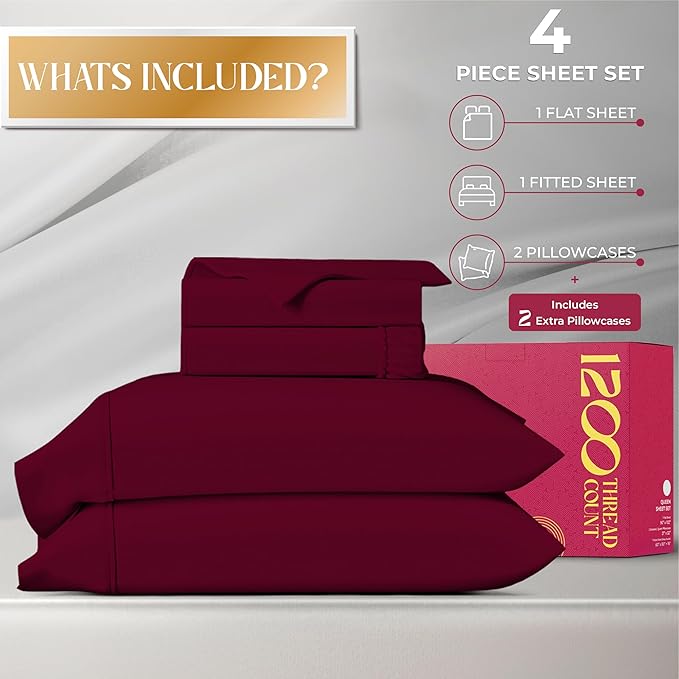 Mayfair Linen 100% Egyptian Cotton Full Size Bed Sheets - Luxury 1200 Thread Count Egyptian Cotton Sheets Full Size Bed Set (4 PC, Burgundy), Silky Soft, Cooling, 17" Deep Pocket Sateen Weave Bedding