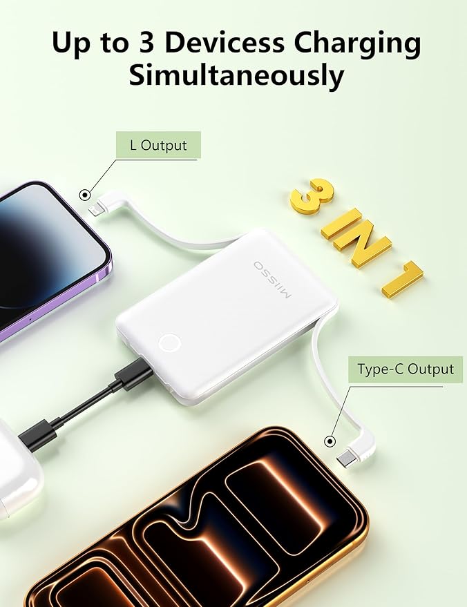 10000mAh Mini Portable Charger with Built in Cable, Pocket Size Power Bank Travel External Battery Pack for Phone, 3 Output USB Type C Cord Clutch Compatible with iPhone, Samsung,2 Pack Purple & White