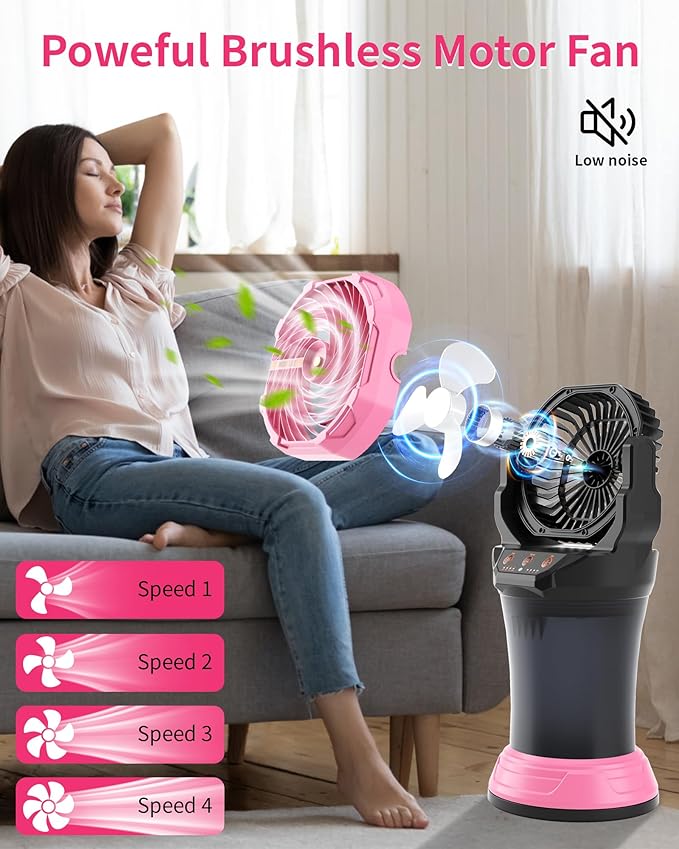WESTTREE Portable Misting Fan with Large Battery Fan-Rechargeable Outdoor Misting Cooling Fans with 2L Water Tank,RGB Lights,4 Speeds & Spray Modes-for Patio, Camping, Beach, Workshop (Pink)