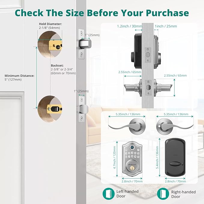 AkaGear DS10 Keyless Entry Door Lock with Handle - 2 Lever Handles, Fingerprint Door Lock, Keypad Deadbolt, 2 Keys, Code, Smart Locks for Front Door, Auto-Lock, Easy Installation - Satin Nickel