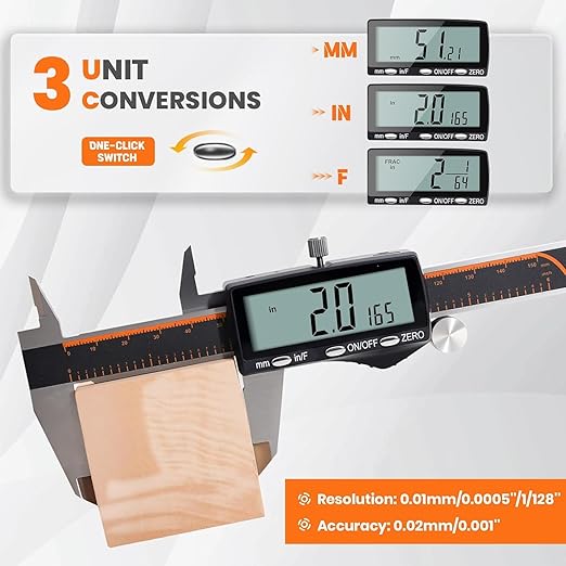HARDELL Digital Caliper, Rechargeable Calipers with Large LCD Screen, Stainless Steel Caliper Measuring Tool, Auto-Off Micrometer, Inch/MM/Fraction for DIY/Household/3D-printing