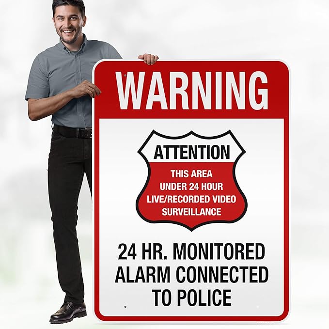 Warning 24 HR. Monitored Alarm Connected To Police Sign, 36x48 Inches, Reflective, Rust Free DiBound, Fade Resistant, Made in USA by My Sign Center
