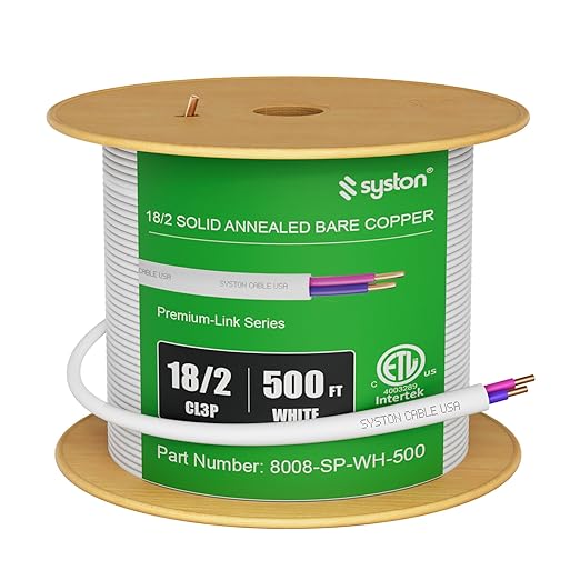 Syston Cable Technology 18/2 LED Lighting Dimmer Dimming Luminaire Control Wire Cable,18 AWG 2 Conductors Solid Bare Copper Unshielded Plenum Rated CMP CL3P FT6, for Ballast Wiring and Connection