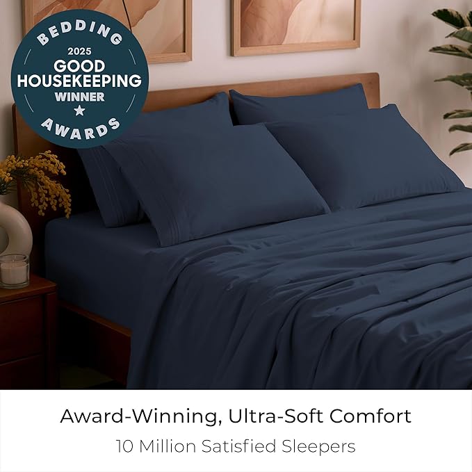 Mellanni King Sheet Set - 6-Piece Iconic Collection Bedding, (Including 4 Pillowcases), 16-Inch Deep Pocket, Easy Care, Extra Soft, Cooling Sheets, Brushed Microfiber - Navy Blue