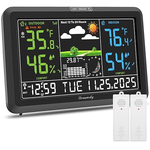 DreamSky Weather Station Indoor Outdoor Thermometer Wireless with Digital Atomic Clock for Home, Large Display with Dimmer, USB, Inside Outside Temperature Humidity Monitor (Adapter Powered)-2 Sensor