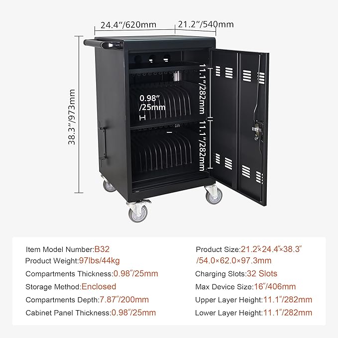 Aokleo Laptop Charging Cart,32 Devices Tablet Storage Carts for Pad Up to 16.3" Screen Size, Classroom Computer Mobile Charging Station for Pads,Chromebooks,Laptops,Security Storage (30+2 Bay-Black)