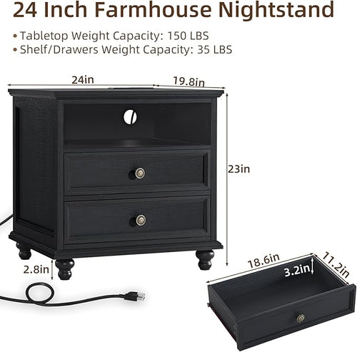 24" Wide Farmhouse Nightstand Set of 2 with Charging Station,End Table with 2 Drawers,Black Wood Dresser for Bedroom Cabinet, Bed Side Table Chest of Drawers, Night Stand for Living Room