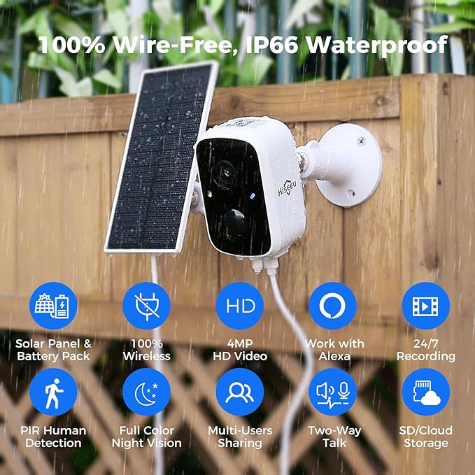 Hiseeu Solar Camera Security Outdoor, 4 Pack 100% Wireless 3K 4MP Surveillance Indoor WiFi Smart Cameras for Home Security Outside, PIR/AI Motion Detection, Waterproof, Color Night Vision, 2-Way Audio
