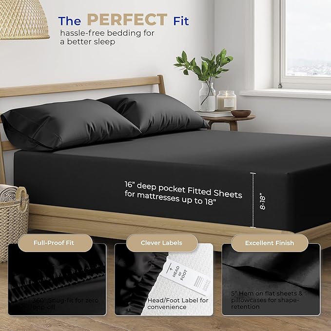 THREAD SPREAD Twin XL Sheets Set Cotton - 400 Thread Count 100% Cotton Twin XL Sheet Set, 3 PC Twin XL Sheets, Cooling Sheets for Dorm Rooms & Adults, 16" Deep Pocket Extra Soft Cotton Sheets (Black)
