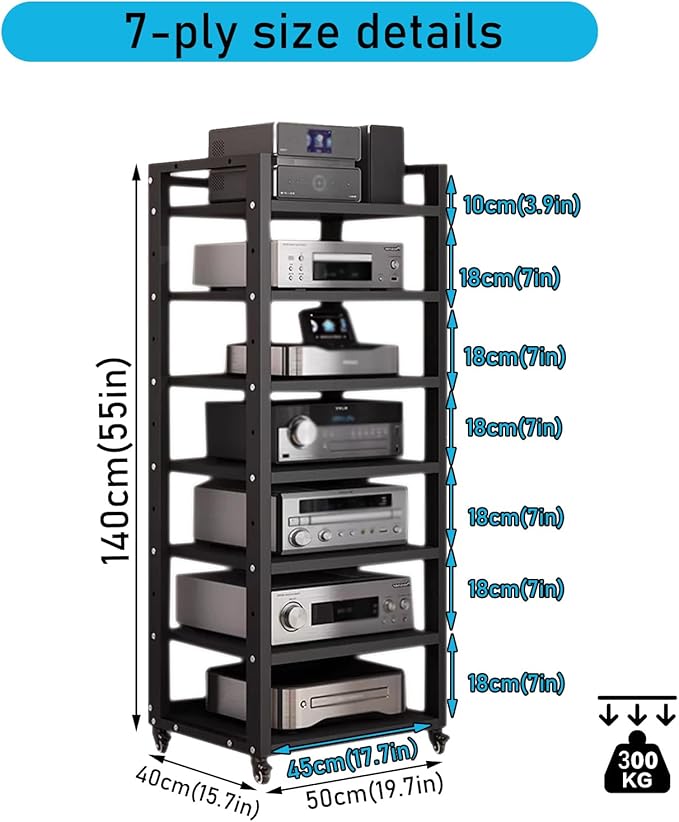 Dernoing 7 Tier Audio Rack Tower, CD Record Player Stereo Receiver AV Equipment Cabinet Display Rack, Weight Capacity 661 lbs, with Adjustable Wooden Shelves for Home (7 Tier Black)