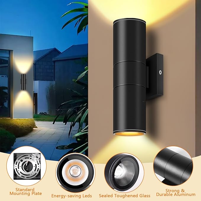 RIDALUX Outdoor Wall Lights Porch Sconce: 6 Pack LED Cylinder Up Down Wall Lights - Exterior Light Fixture for Patio House