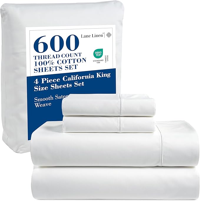 LANE LINEN 600 Thread Count 100% Cotton Cal King Sheet Set, Soft & Confy Hotel Style Thick White Cal King, Mercerized Cotton for Silky Finish, Fully Elasticized Fitted Sheet Luxury - White