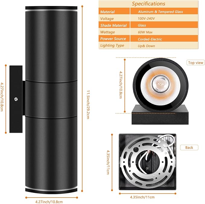 RIDALUX Outdoor Wall Sconce Porch Lights: 8 Pack Modern Aluminum Cylinder Up Down Lights - Exterior Light Fixture for House