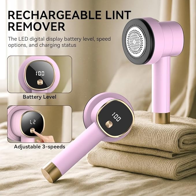 Smyeviva Rechargeable Fabric Shaver for Clothes: 6-Leaf Blades & 3 Speeds to Remove Pilling, Fuzz & Lint Balls - with LED Display, Portable Electric Lint Remover for Sweater, Couch, Blanket, Furniture
