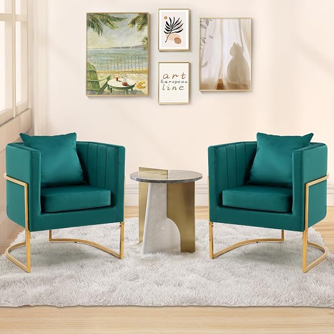 Velvet Modern Accent Chair, Upholstered Barrel Armchair Mid Century with Pillow for Living Room, Comfy Single Vnaity Chair with Metal Gold Legs for Bedroom, Green