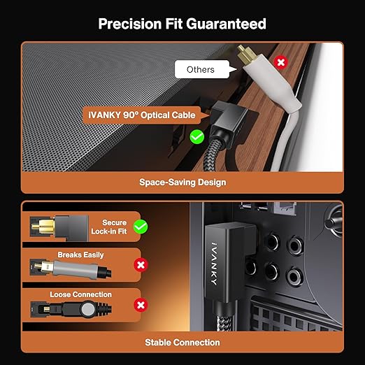 iVANKY Right Angle Optical Audio Cable, 6ft/1.8M 24K Gold-Plated 90 Degree Toslink Digital Fiber Optic Cable, 90° Angled & Lossless Audio S/PDIF Optical Cable for Soundbar, TV, PS5, Xbox, Home Theater