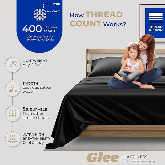 THREAD SPREAD 100% Cotton Sheets King Size - 400 Thread Count King Size Sheets Set (4 PC, Black), 16" Deep Pocket All Around Elastic, Soft, Cooling, Durable & Breathable Sateen Weave Bed Sheet Set
