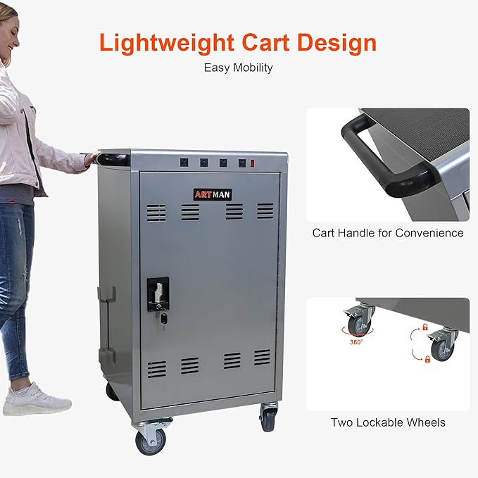 Aokleo Laptop Charging Cart,35 Devices Tablet Storage Carts for pad Up to 16.3" Screen Size, Classroom Computer Mobile Charging Station for pads, Chromebooks,Laptops, Security Storage(31+4 Bay-Silver)
