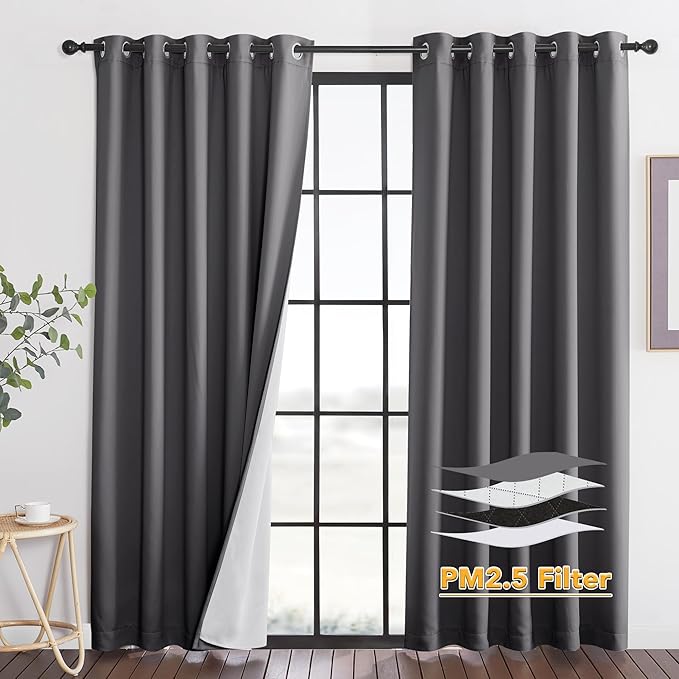 RYB HOME Dustproof Curtains for Large Window, Soundproof Thermal Insulated Blackout Curtains for Sliding Glass Door Furance Office Dorm Bedroom Living Room, Grey, W62 x L95 inch, 2 Panels