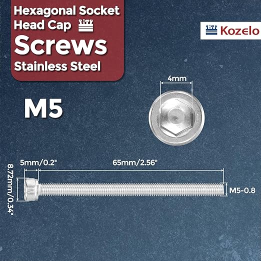 Kozelo 10pcs Socket Head Cap Screws - [M5-0.8 x 65mm] 304 Stainless Steel Allen Socket Drive for Electrical Motor 3D Printing Fan Engine Replacement Use, Silver