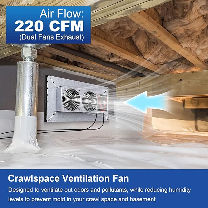 Abestorm Crawlspace Ventilation Fan with Humidistat, Basement Vent Fans with Dehumidistat & Freeze Protection Thermostat, Dual Air Vent Fan for Basement/Kitchen (220 CFM Airflow)