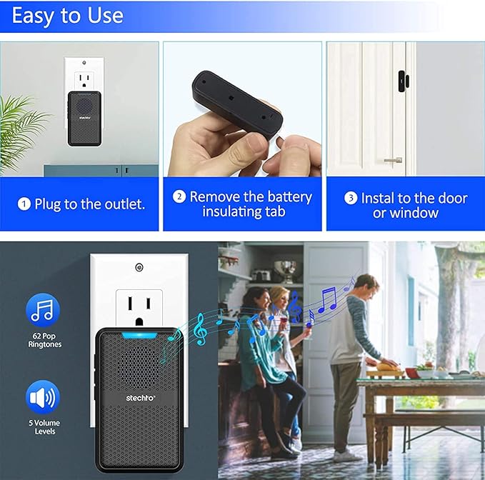 STECHRO Door Chime, 600ft Range 1 Magnetic Door Alarm Sensor 2 DoorBell Plugin Receiver Set with 62 Tunes 5 Adjustable Volumes for Business/Home/Office/Stores (2 Receivers + 1 Sensor)
