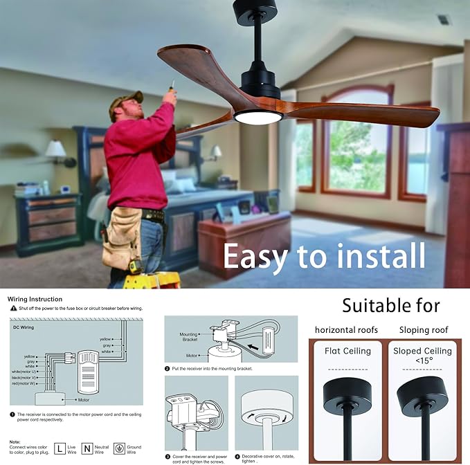 Gaizw 42 inch Ceiling Fan with Light and Remote Control, 3 Blades Ceiling Fans with Lights, Walnut Wooden Ceiling Fans for Kids Room Study and Garage,Reversible DC Motor,Noiseless Indoor Outdoor Fan