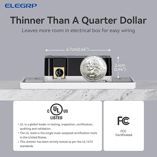 ELEGRP Digital Dimmer Light Switch for 300W Dimmable LED/CFL Lights and 600W Incandescent/Halogen, Single Pole/3-Way LED Slide Dimmer Light Switch, Wall Plate Included, UL Listed, 1 Pack, Matte White