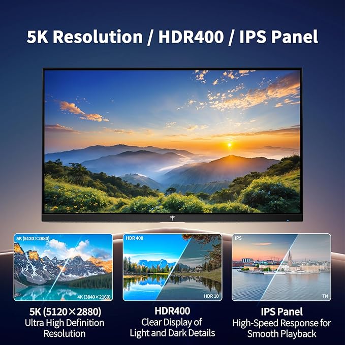 KTC 5K Monitor 27 Inch: Dual Mode 5K (5120x2880) @60Hz / 2K@160Hz Computer Monitor, 99% DCI-P3, 100% sRGB, ΔE＜2, Type-C 65W, HDMI & DP, HDR400, Compatible with Mac mini, H27P3