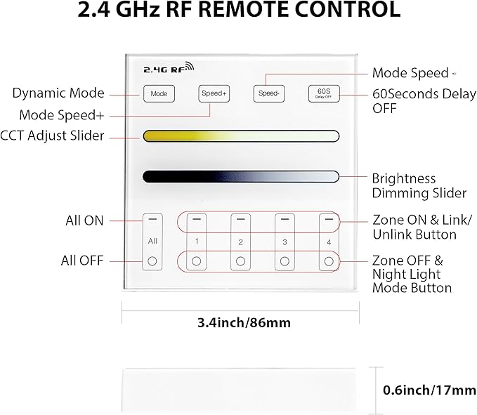 XXK WR02RF RF Panel Remoter, 4-Zone 2.4G Wall Mounted RF Remote Control Compatible with CCT LED Controller, 99ft Wireless Control 4 Channel Group Control for Home CCT LED Strip Lights