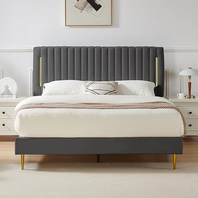 King Platform Bed Frame, Velvet Upholstered Bedframe with Vertical Channel Adjustable Headboard, Golden Plating Trim, Mattress Foundation with Wooden Slats, No Box Spring Needed, Grey