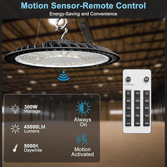 Lightdot Smart 300W LED High Bay Light 45000lm 5000K Commercial Bay Lighting AC100-277V UFO LED High Bay Shop Lights with Controller Supports Normal Mode & Motion Mode-6Pack