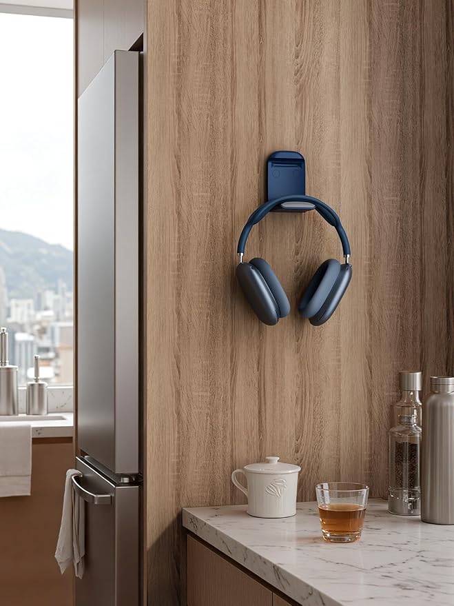 MAMUVIMO Headphone Stand, Headset Stand Foldable ＆ Sticky, Headphone Holder Hook Mount with Non-Slip Silicone, Adhesive Earphone Desk Hanger Clip Space-Saving for Airpods Max, All Earphones- Blue