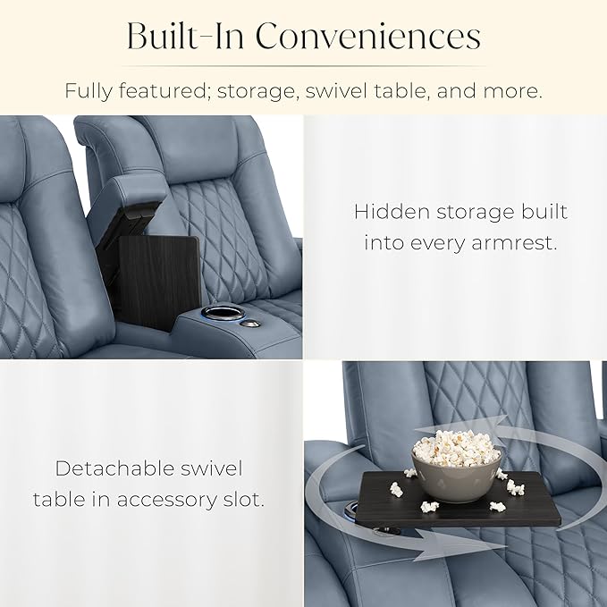 Seatcraft Diamante Zero-Gravity CoolZero Italian Leather Home Theater Seating, Power Headrest, Power Recline, Row of 5, Smokey Blue