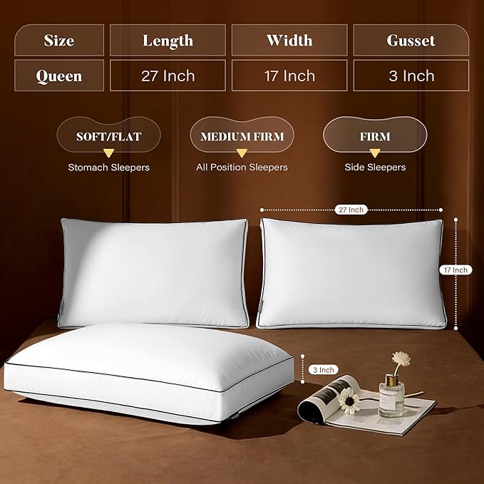 Firm Goose Feather Down Pillow Queen Size Set of 2, Down Surrounded Hotel Collection Bed Pillows for Sleeping with 3 Inch Gusset, 2 Pack, Fluffy Plush for Side Sleepers 20x30 in.